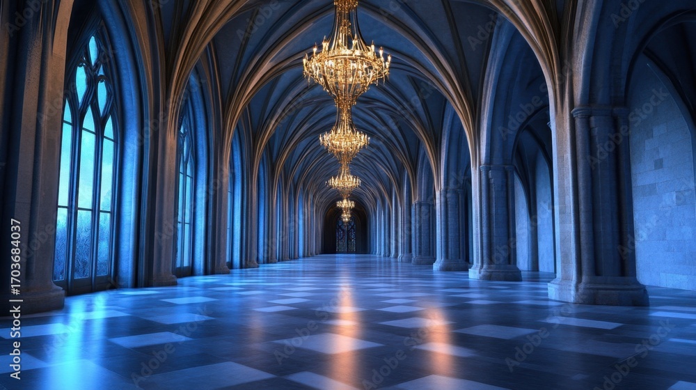Obraz premium Moonlight and chandeliers illuminate the towering arches of a gothic hall in shadowy elegance.