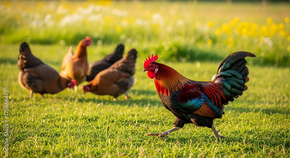 Fototapeta premium Rooster and Hens Grazing in a Sunny Meadow.