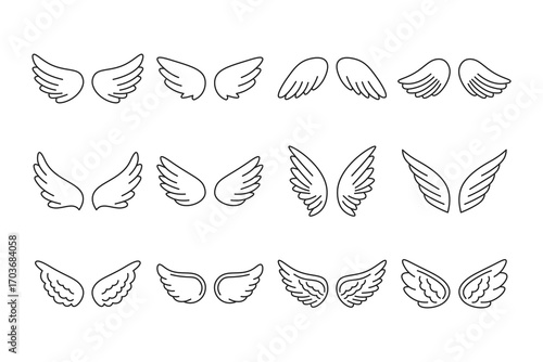 Set of Angel Wings Line Art Vector Illustrations in Black Outline Style