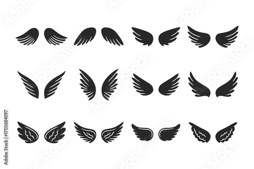 Set of Angel Wings Silhouette Vector Illustrations in Black Style