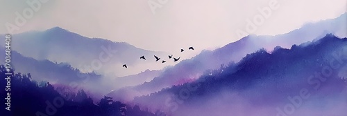 Watercolor painting shows misty mountains with birds flying across the layered peaks