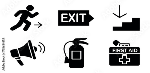 Emergency evacuation and safety icons set ,this icon set includes protection, emergency, first aid, evacuation, fire ETC . Vector illustration .
