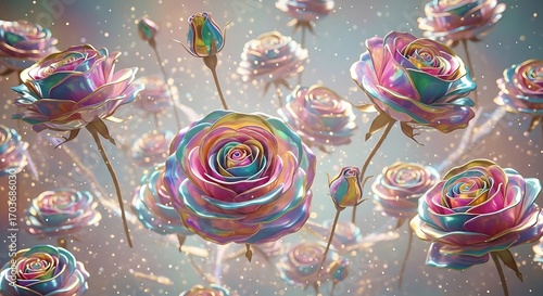 Iridescent rose blossoms dance amidst a glittering light-filled dreamscape