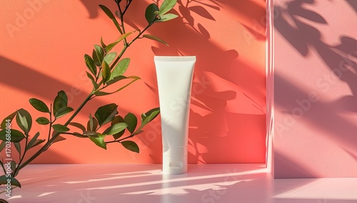 A minimalist skincare product displayed on a vibrant backdrop with natural shadows and foliage