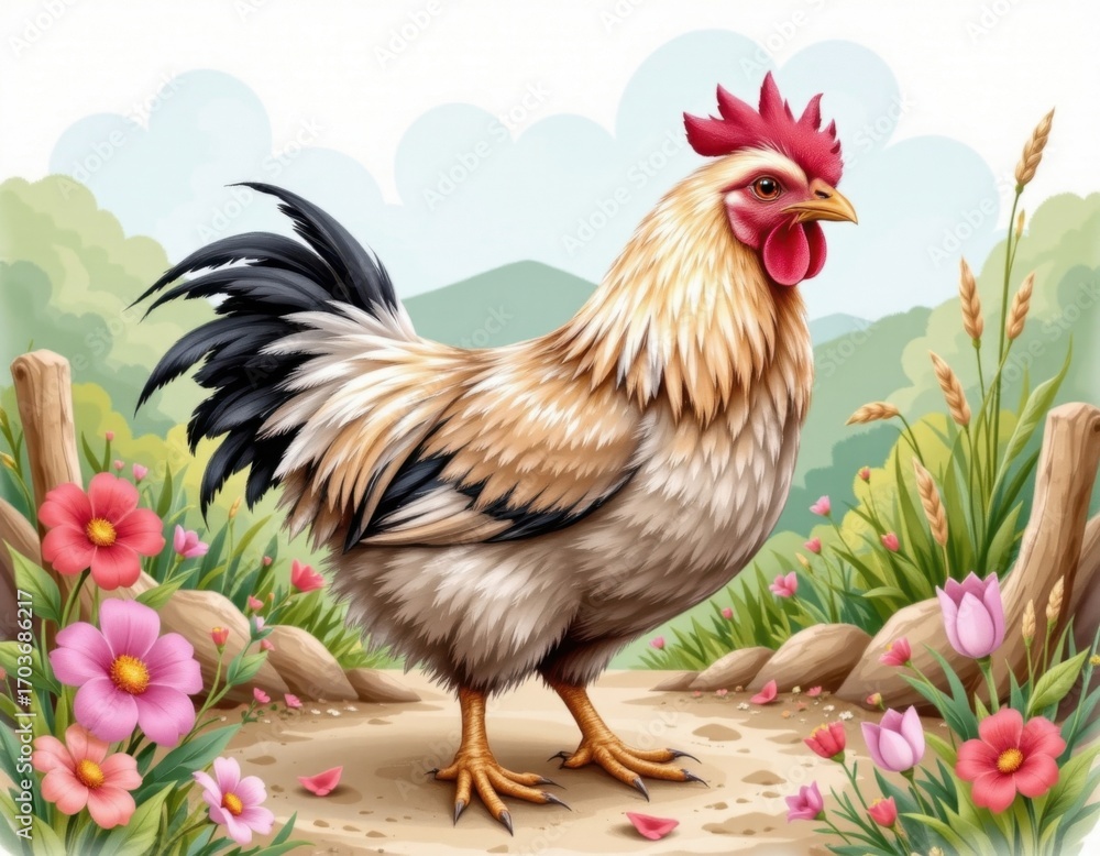 Fototapeta premium Illustration of a majestic proud rooster with vibrant red comb and spiky feathers standing in a lush garden surrounded by colorful flowers and green foliage