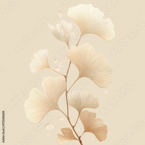 Delicate ginkgo leaves with droplets on a soft beige background, symbolizing tranquility and nature