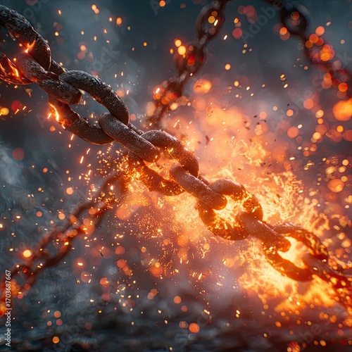 Fiery, burning metal chains with sparks and embers, creating a dramatic and intense visual