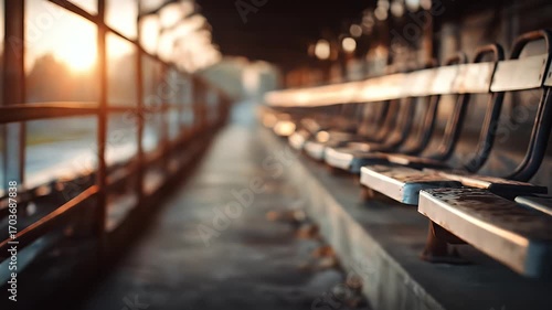 Empty stadium seats at sunset