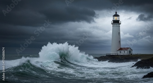 A powerful lighthouse stands tall against a stormy sea