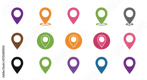 Collection of colorful location marker icons, various styles and designs.