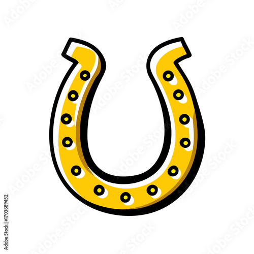 Lucky yellow horseshoe with cartoon eyes and black dots on a black background