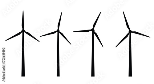 Four silhouette wind turbines in various blade positions for renewable energy concepts vector