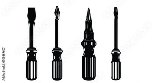 Set of four distinct screwdrivers with black handles and metal shafts isolated on white vector