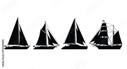 Set of four diverse silhouette sailboats in black on a ocean nautical travel vector
