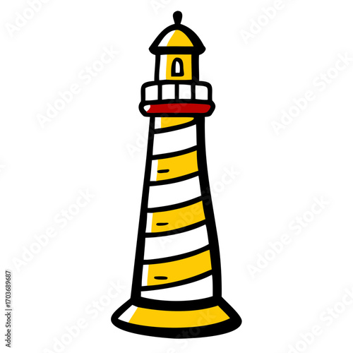 Simple yellow lighthouse with red accent on black background