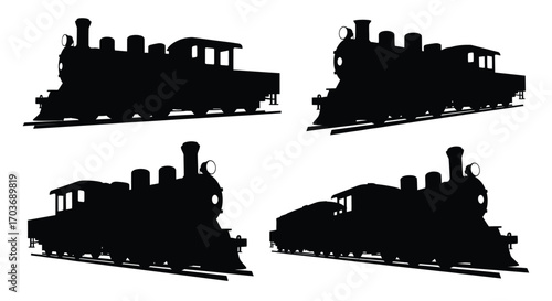 Set of four silhouette steam locomotives industrial transportation vintage machine designs vector