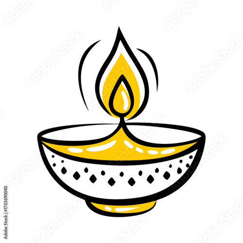 Stylized yellow diya oil lamp with flame on black background