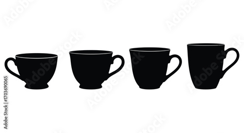 Four silhouetted black ceramic coffee cups lined up differing in size and style vector