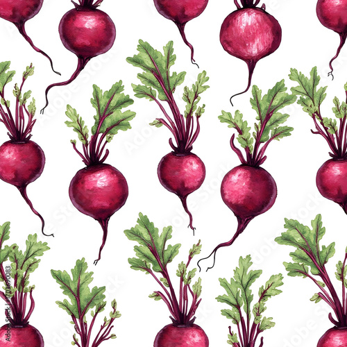 A seamless pattern of watercolor beets with green leaves on white