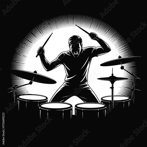 Dynamic Drummer Silhouette Illustration with Burst Background for Rhythmic Designs and Creative Projects