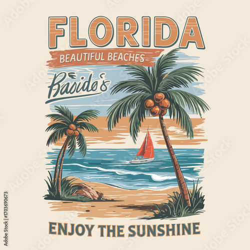 Retro summer vacation poster design featuring a tropical island scene with palm trees, a sailboat on the ocean, and a seaside view