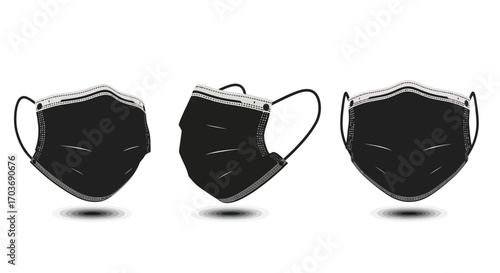 Three black disposable face masks isolated on white with subtle shadows for protection and health concepts vector