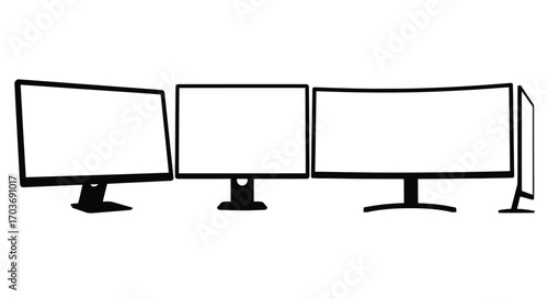 Multiple computer monitors displaying blank screens in a row for workspace or technology concept vector
