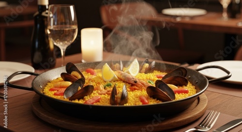 A steaming paella dish, richly colored with seafood and vegetables, sits on a restaurant table, complemented by wine and candles