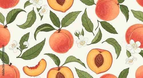 Peach Pattern with Leaves and Flowers.