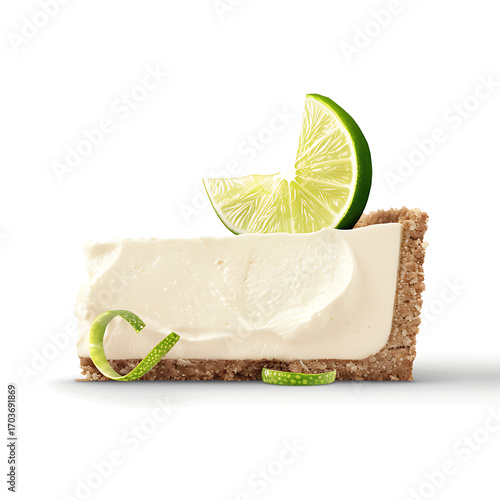 A slice of key lime pie with a graham cracker crust, topped with lime slices and zest on a white background. © Taina