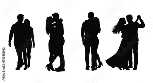 Silhouettes of couples dancing romantic moments celebrating love and togetherness through movement and embrace vector