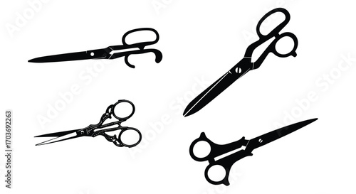 Collection of four black scissors various styles for cutting and crafting professional tools vector