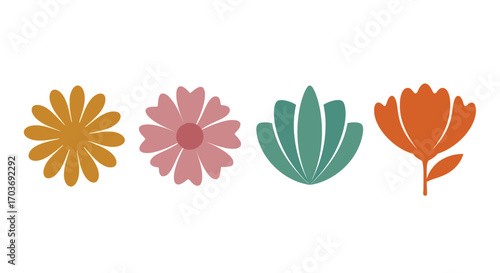 Four abstract stylized flowers with warm and cool tones arranged side by side vector