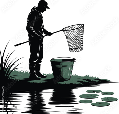 Fisherman Silhouette with Net and Bucket by Lake A Vector Illustration of Outdoor Fishing Activity