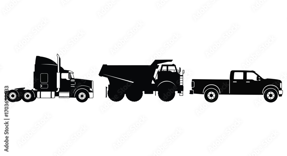 Fototapeta premium Silhouette collection of semi truck dump truck and pickup truck for transportation and industry themes vector