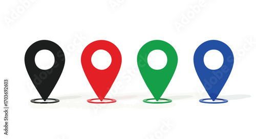 Four colorful location pin icons in black, red, green, and blue, arranged in a row against a white background.
