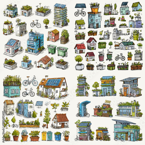Collection of eco-friendly house illustrations with plants, bicycles, and green rooftops, symbolizing sustainable living and modern urban ecology.