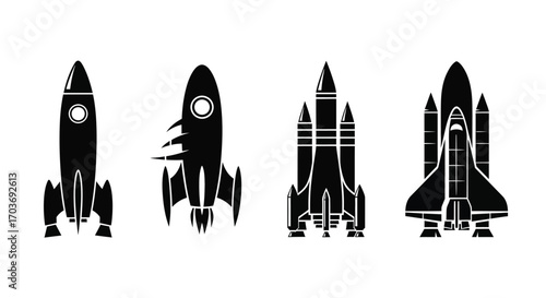 Four iconic spacecraft silhouettes featuring rockets and space shuttles in flight vector