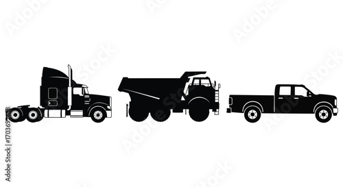 Silhouette collection of semi truck dump truck and pickup truck for transportation and industry themes vector