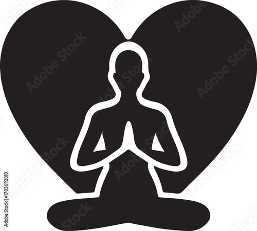 Heart with yoga pose silhouette vector, wellness, meditation, and healthy lifestyle concept.