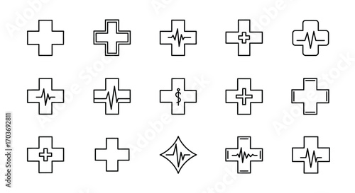 Set of medical cross icons with heartbeat line and subtle outline designs for healthcare concepts vector