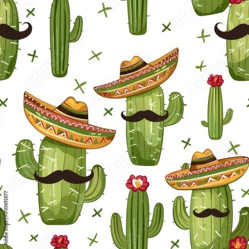Cactus wearing sombreros and mustaches in a seamless pattern