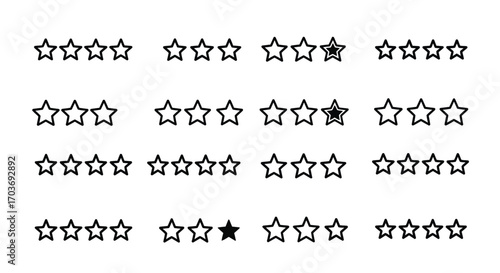 Set of four rows of star rating icons showing different levels of fulfillment and outline styles vector