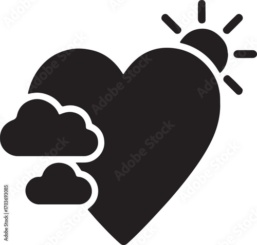 Heart with sun and clouds silhouette vector, love, hope, and positive concept illustration.