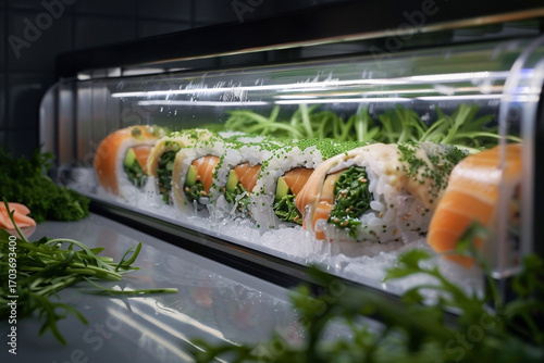 A modern, automated sushi-making machine creating perfectly rolled sushi, with fresh ingredients on display