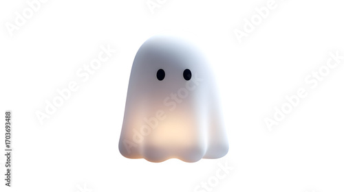 3D style white Halloween ghost with soft glow, isolated on white background