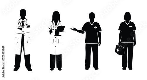 Diverse medical professionals silhouettes for healthcare and hospital themes vector
