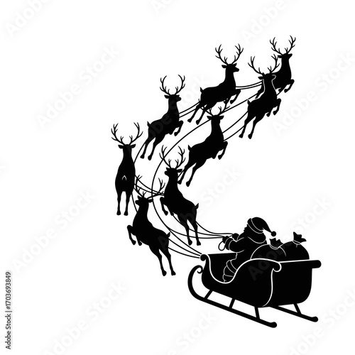 Santa claus and reindeer sleigh silhouette isolated on white background