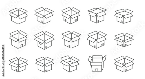 Collection of hand drawn open cardboard boxes in different sizes and perspectives for shipping and storage vector