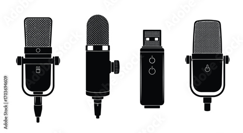Four retro and modern audio recording microphones and usb drive isolated set vector
